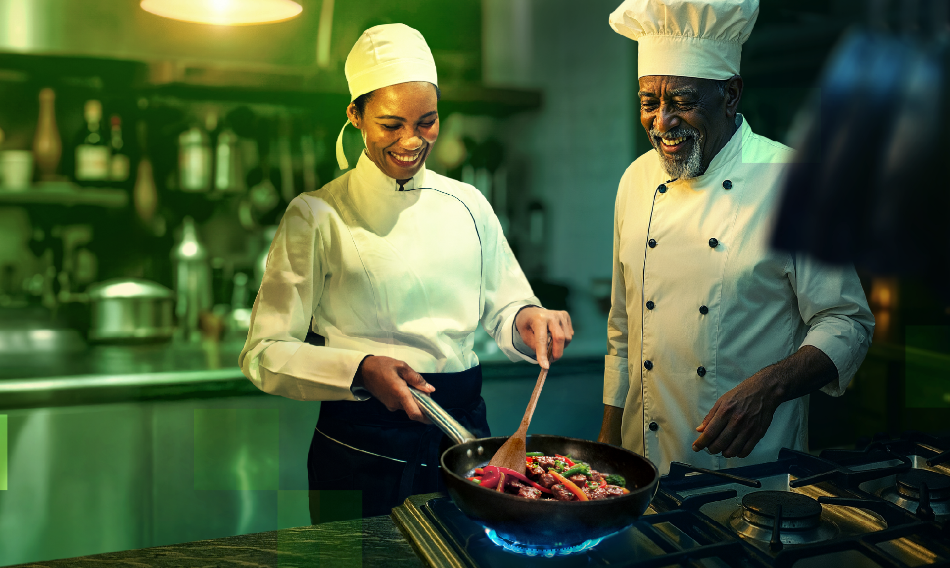 Cozinheiros profissionais utilizando gás natural